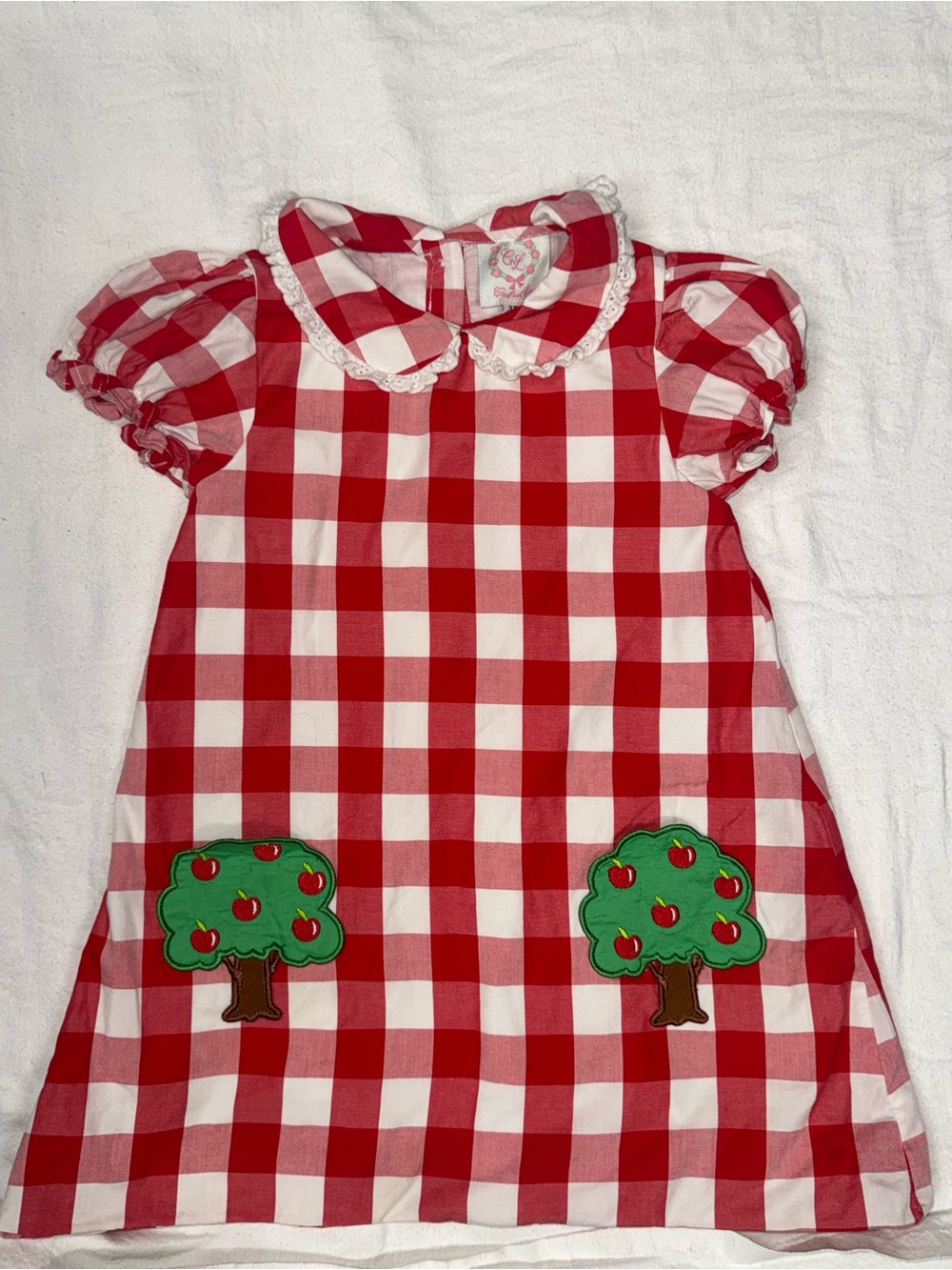 Girls Red and White Gingham Dress with Apple Tree Appliqués